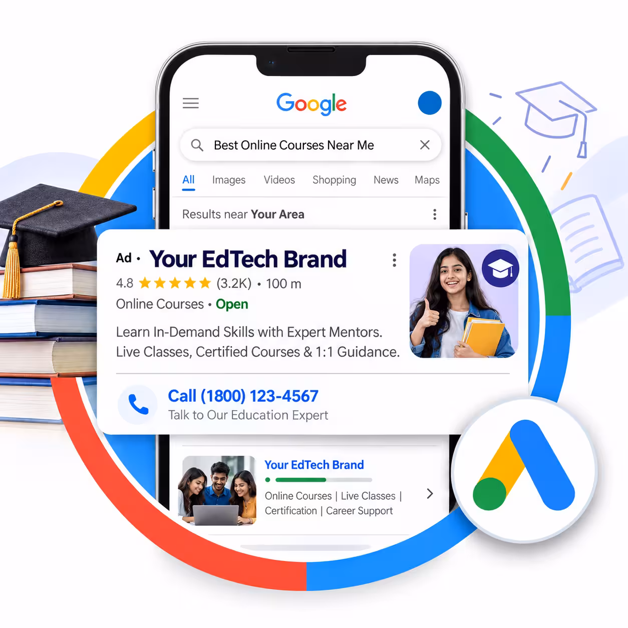 EdTech SEO illustration, courses, search, and enrollment growth