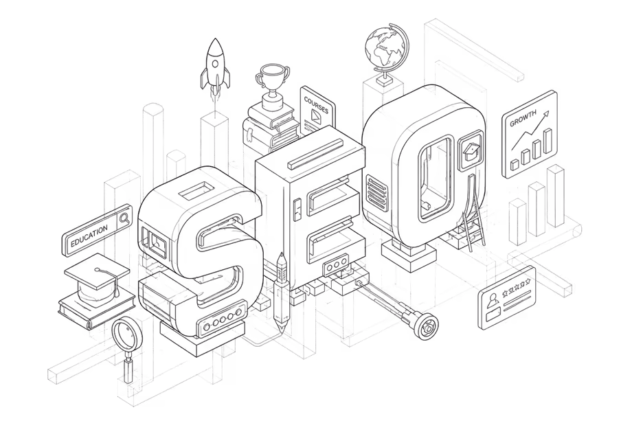 EdTech SEO illustration — courses, education search, rankings, and enrollment growth