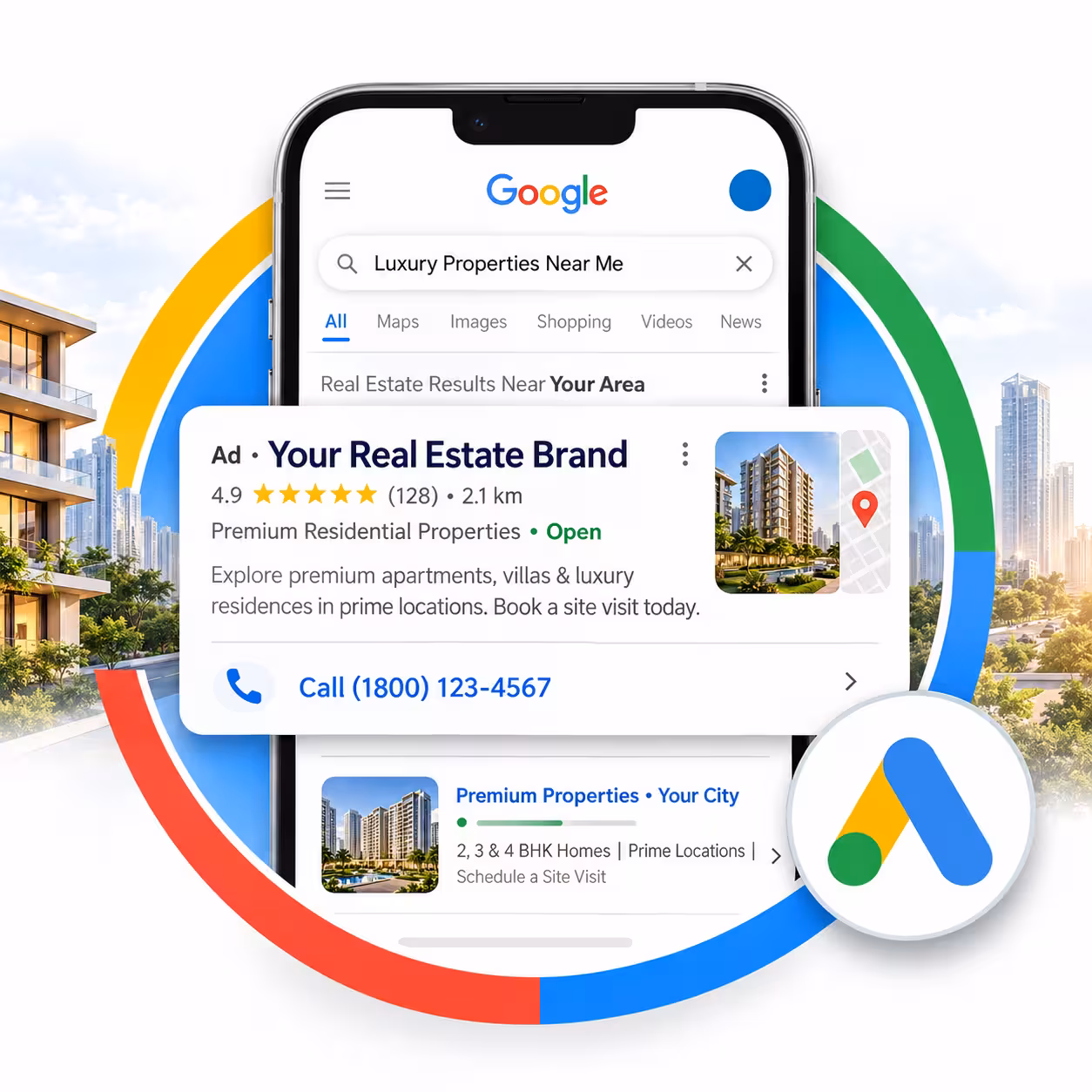 Real estate SEO wireframe illustration — search, property, and rankings
